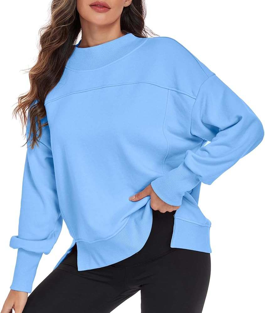 HOUZONIY Womens Long Sleeve Sweatshirt Crewneck Side Slit Soft Lightweight Workout Casual Fall Fa... | Amazon (US)
