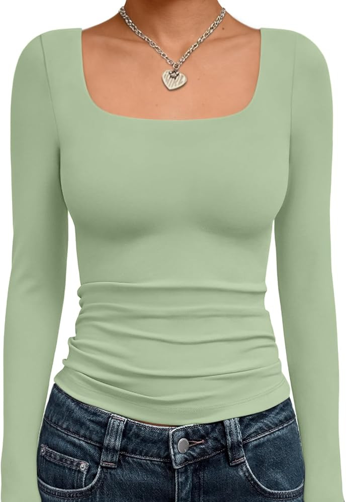 Trendy Queen Womens Long Sleeve Shirts Crop Tops Fall Fashion Solid Square Neck Going Out Basics ... | Amazon (US)