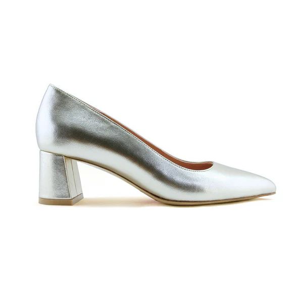 Silver Metallic Leather Lower Block Heel | ALLY Shoes