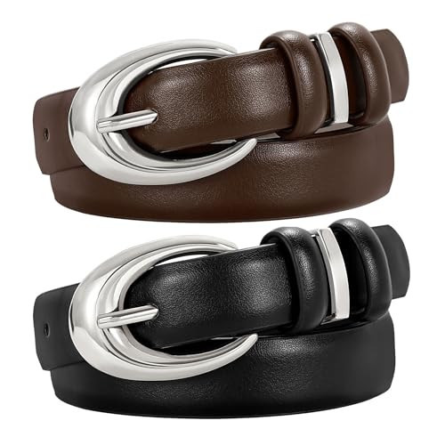 TRIWORKS 2 Pack Women Leather Belt for Jeans Pants Fashion Ladies Skinny Faux Leather Belt with Silver Buckle | Amazon (US)