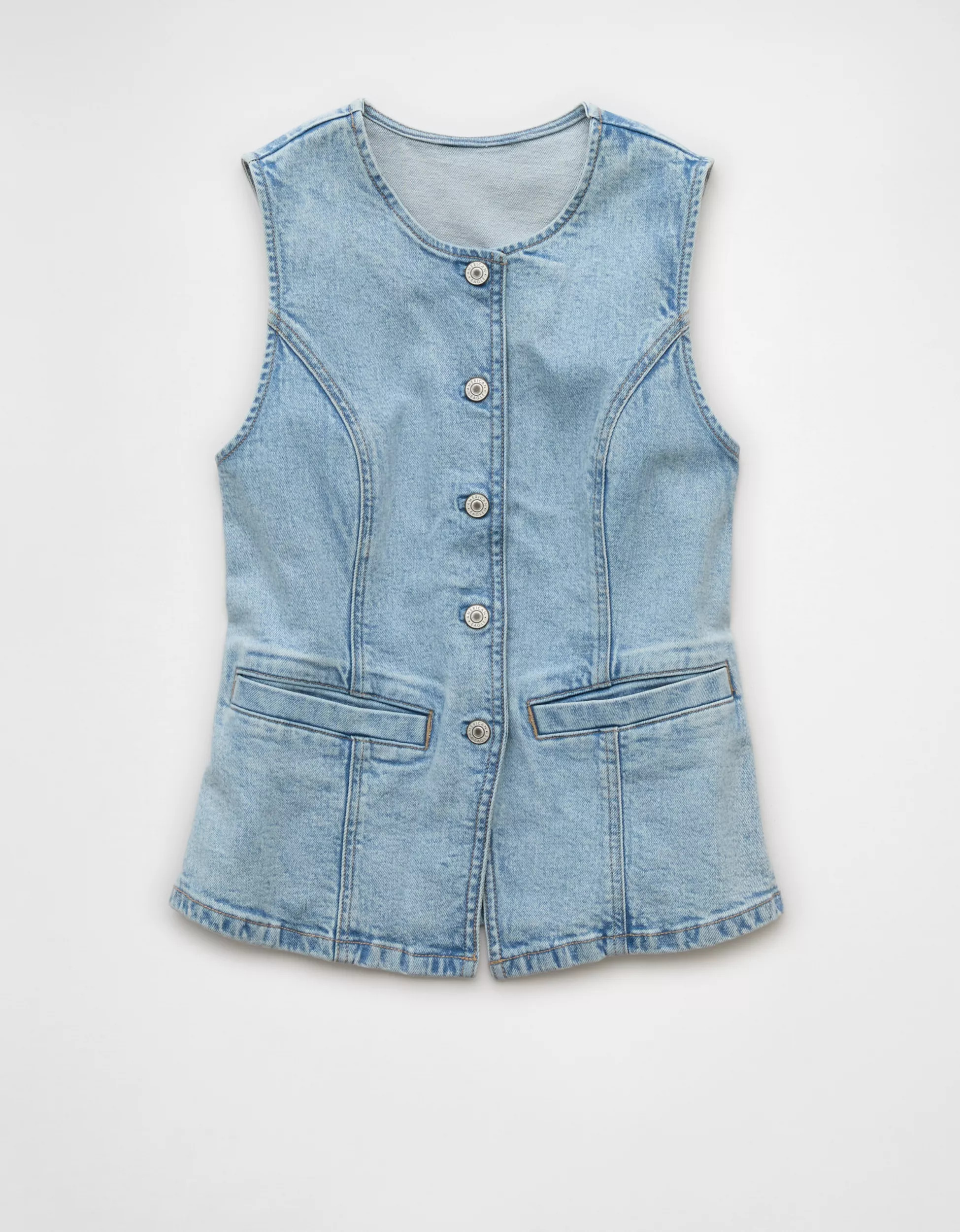 AE Crew Neck Button-Up Denim Vest | American Eagle Outfitters (US & CA)