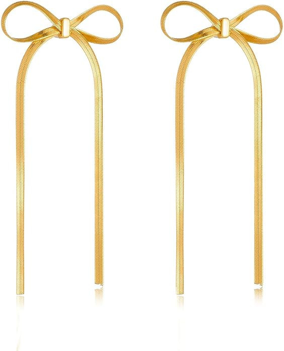 Gold Bow Earrings for Women Silver Bow Stud Earrings Ribbon Earrings Long Bow Dangle Earrings Sil... | Amazon (US)