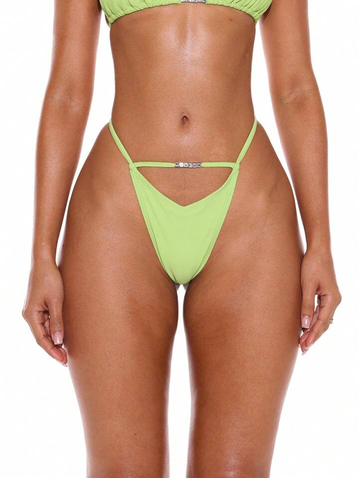 Musera Resort Tanga Cut Out High Leg "Musera" Spellout Beaded Sexy Club Bikini Bottoms Only For Summer Spring Holiday Vacation Ibiza Beachwear Nanoscopic | SHEIN