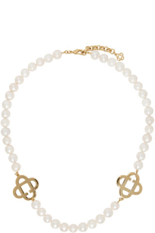 White Medium Pearl Logo Necklace | SSENSE