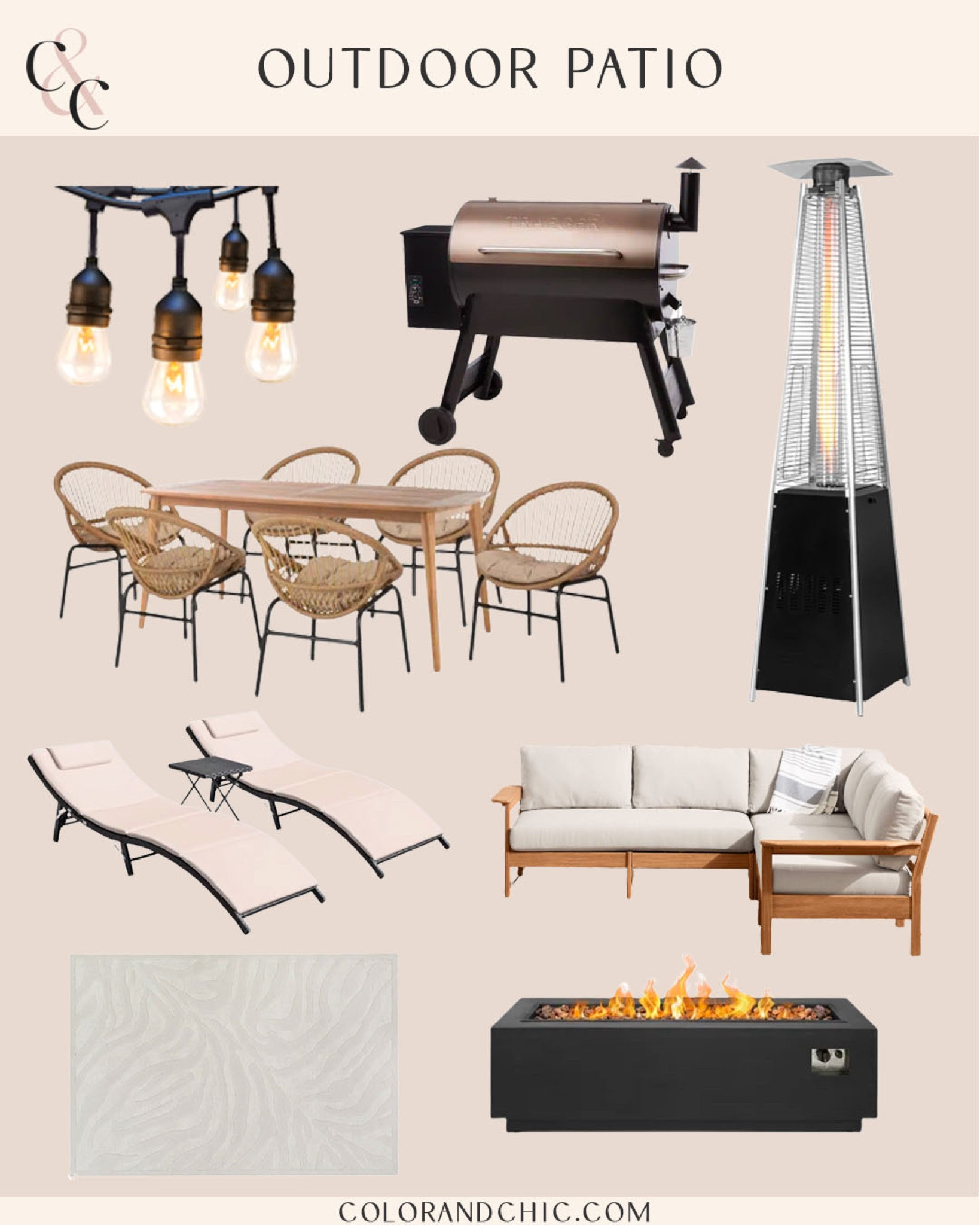 Outdoor patio inspiration! Love the idea of a fireplace and patio heater for chillier days or nights. Also included my Traeger grill that grills the best meat. 

#LTKstyletip #LTKhome