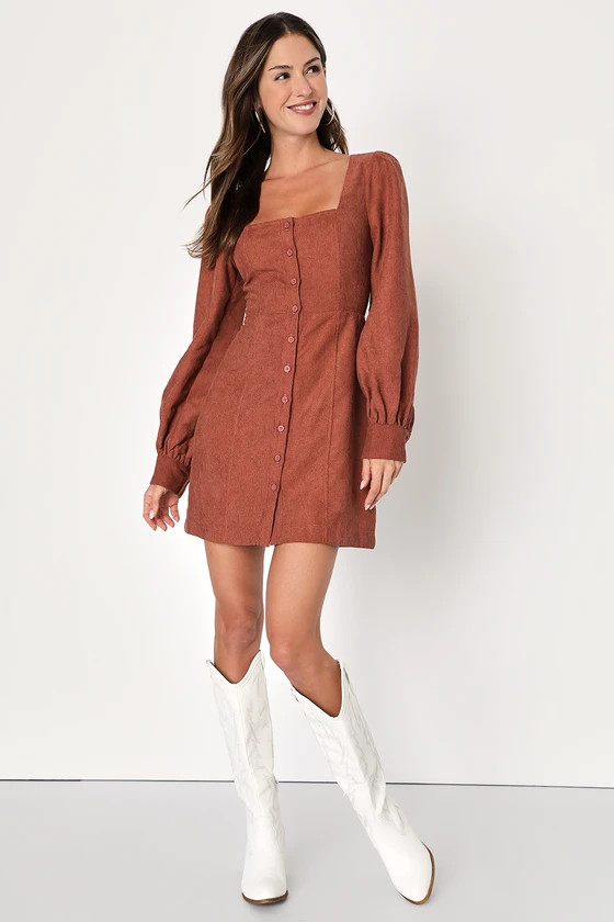 Posh Promise Brown Corduroy Long Sleeve Button-Up Mini Dress | Lulus (US)