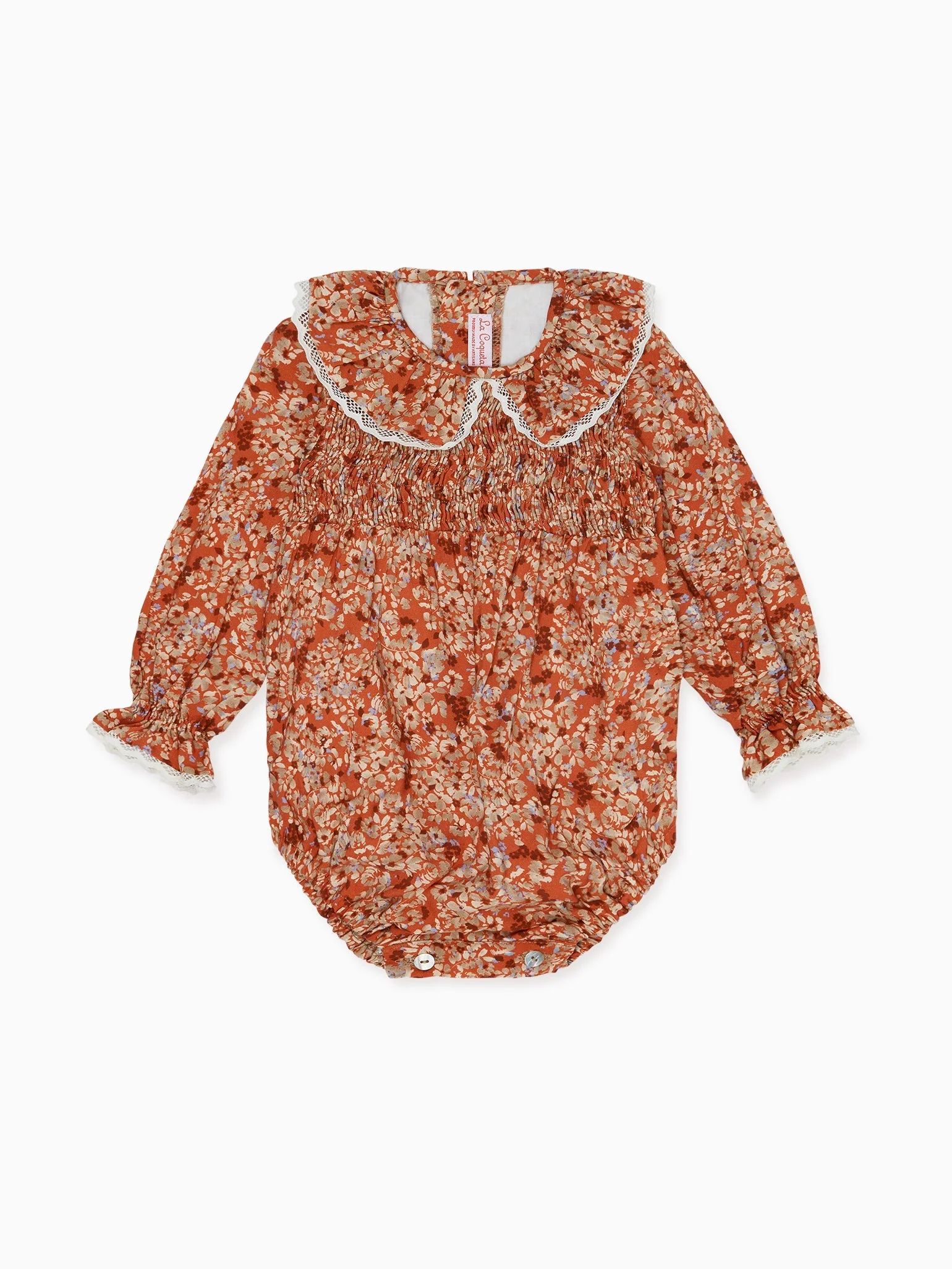 Terracotta Floral Chloe Baby Girl Smock Romper | La Coqueta (US)