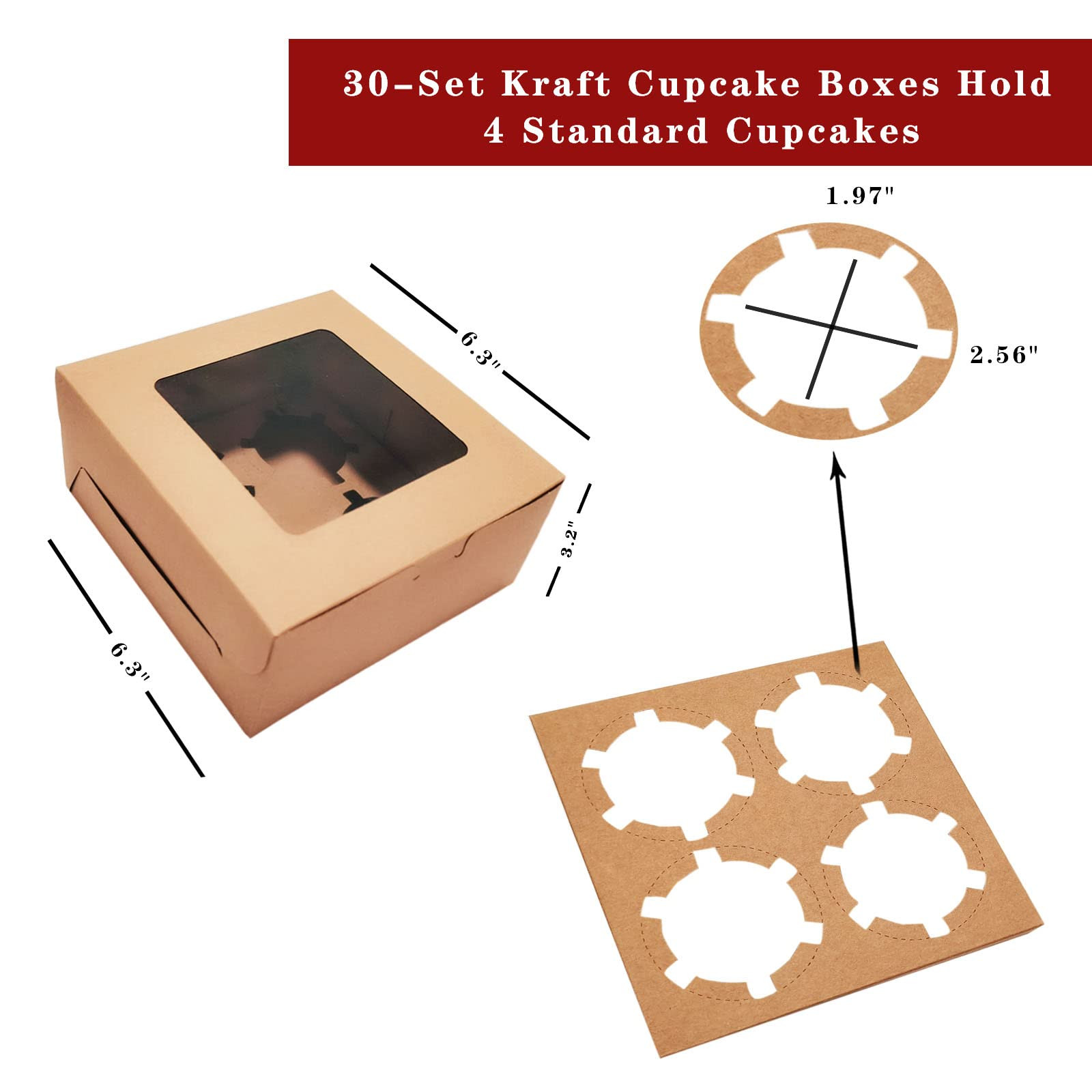 30-Set Cupcake Boxes Bulk with Clear Display Window Hold 4 Standard Cupcakes, Disposable Food Gra... | Amazon (US)