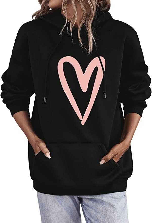 SweatyRocks Women's Casual Heart Print Long Sleeve Pullover Hoodie Sweatshirt Tops | Amazon (US)