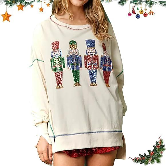 Hiufer Christmas Sequin Nutcracker Sweatshirt,Sequin Santa Christmas Sweatshirt,Print Crew Neck Long | Amazon (US)