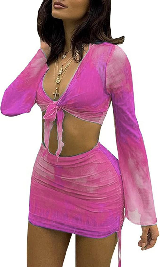 SHESEEWORLD Women's Sexy Long Sleeve 2 Pieces Sheer Mesh Cover Up Dress Crop Top Bodycon Ruched Y... | Amazon (US)