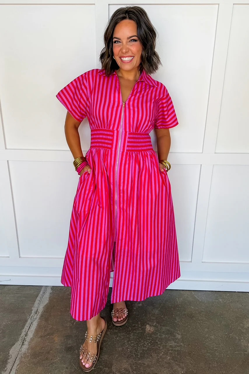 Best Selling Krissy Zip-up Maxi Stripe Dress in Hot Pink Red Stripes | Jules & James Boutique