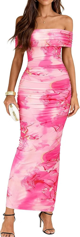 BTFBM Cocktail Dresses for Women 2026 Elegant Classy Off Shoulder Bodycon Mesh Slit Floral Maxi S... | Amazon (US)