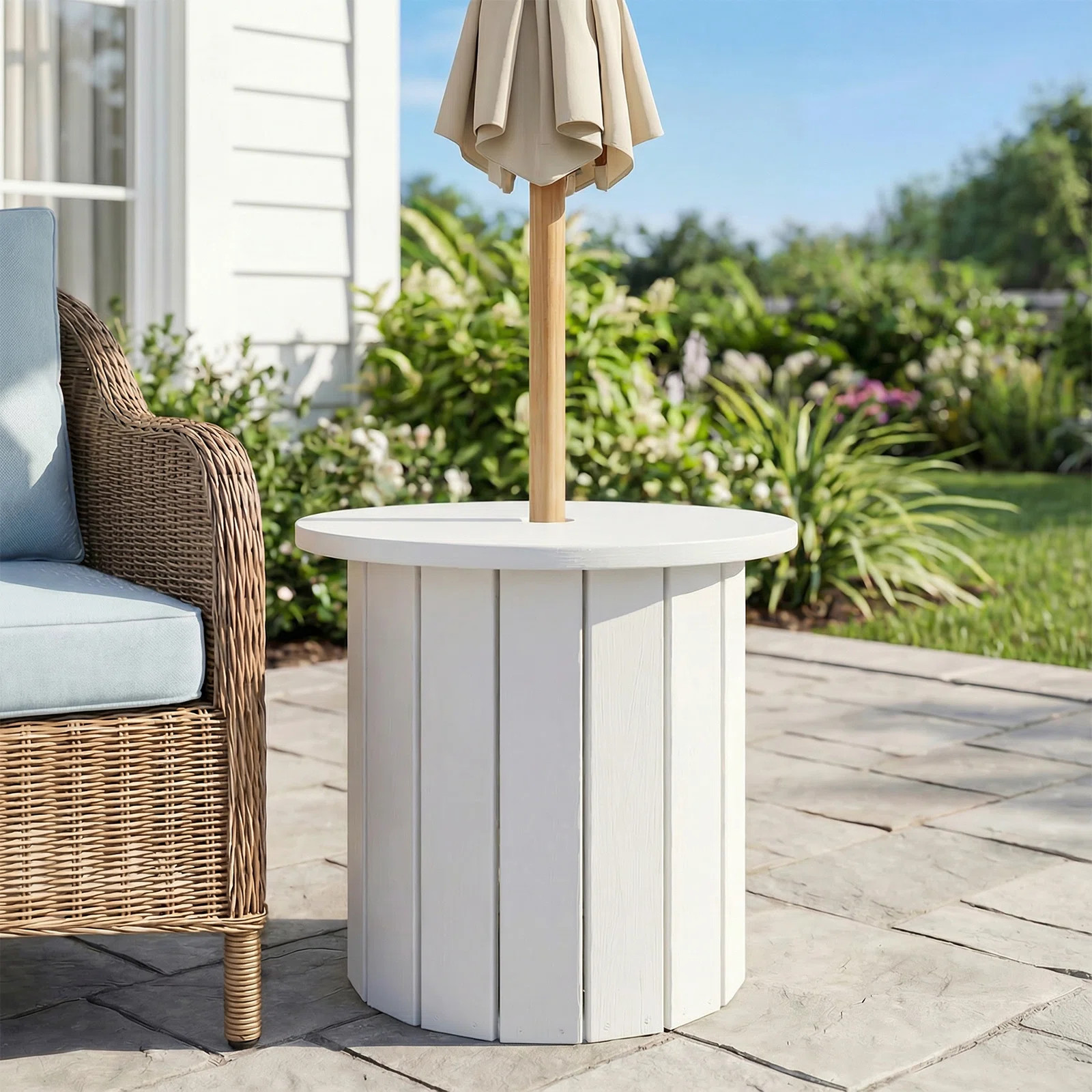 White Round 21" Plastic Outdoor Umbrella Side Table with Wide Top | Wayfair North America