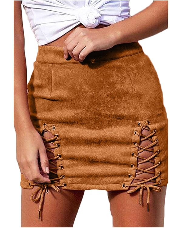 Meyeeka Womens Sexy High Waist Lace Up Bodycon Faux Suede Split Tight Mini Skirt | Amazon (US)