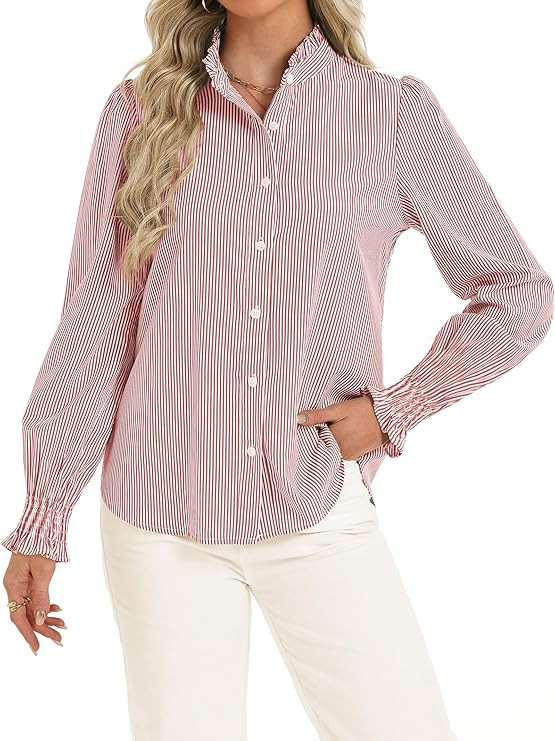 Funlingo Women's Striped Button Down Shirts Long Sleeve Smocked Cuffed Ruffle Collar Blouses Spri... | Amazon (US)