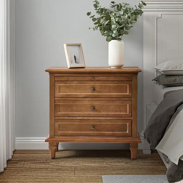 Muriel Farmhouse Style 3 - Drawer Nightstand with Built-In Outlets by HULALA HOME - Acorn | Bed Bath & Beyond