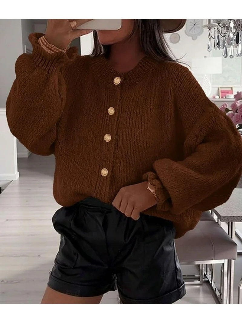 PRETTYGARDEN Womens Cropped Cardigans Trendy Ruffle Open Front Chunky Knit Sweater Oversized Butt... | Walmart (US)