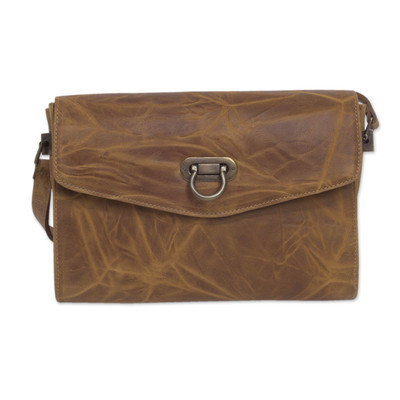 Handmade Golden Brown Leather Shoulder Bag with Flap | NOVICA