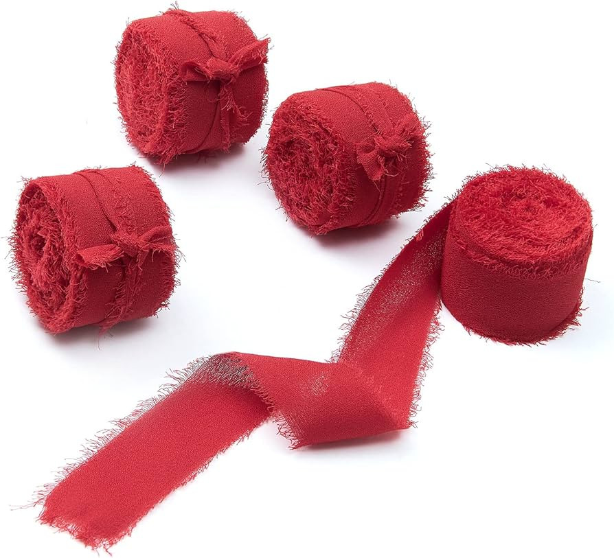 Amazon.com: 4 Rolls 1"W x 5Yd Red Handmade Fringe Chiffon Silk Ribbon, Frayed Edges Ribbon for We... | Amazon (US)
