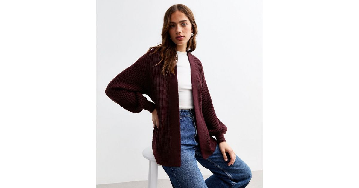 Burgundy Balloon Sleeve Chunky Knit Cardigan  | New Look | New Look (UK)