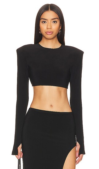 Cropped Shoulder Pad Long Sleeve Crew Top in Black | Revolve Clothing (Global)