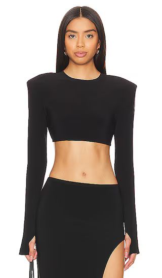 Cropped Shoulder Pad Long Sleeve Crew Top in Black | Revolve Clothing (Global)