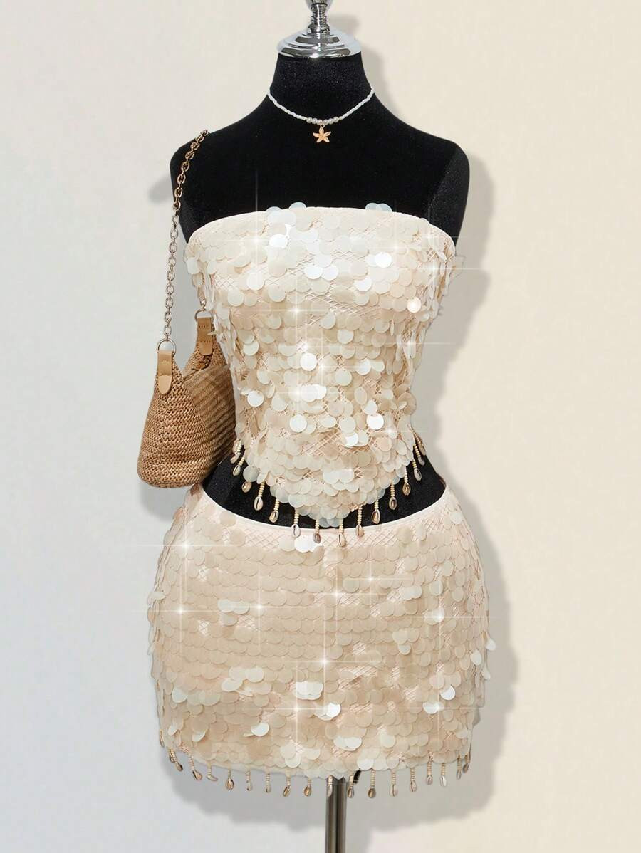 SHEIN ICON U-Shape Waist Ultra-Low Waist Sequin Shell Tasseled Skirt | SHEIN