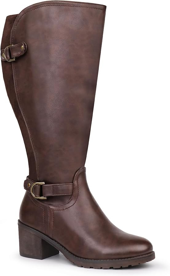 Damen-Reitstiefel mit weitem Schaft und kniehohem Absatz, seitlichem Reißverschluss und Blockabs... | Amazon (DE)