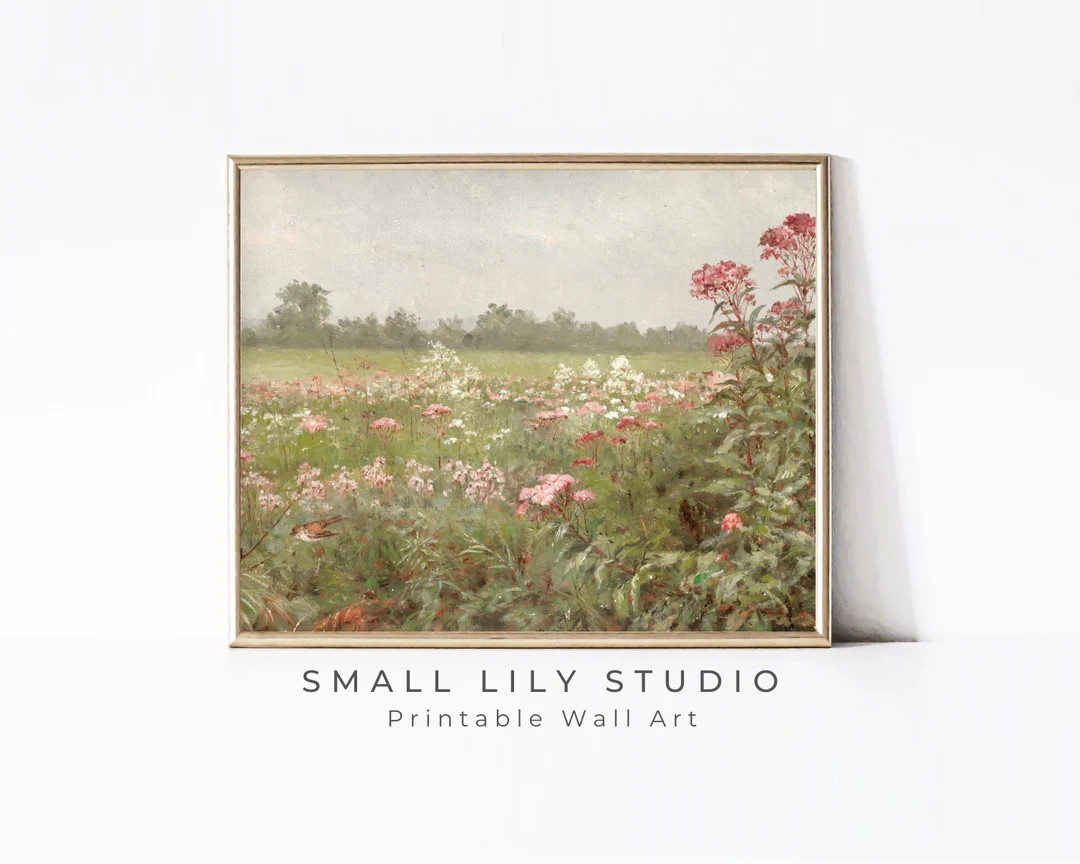 Printable Pink Wildflowers Wall Art, Vintage painting field of flowers print, Spring floral lands... | Etsy (US)