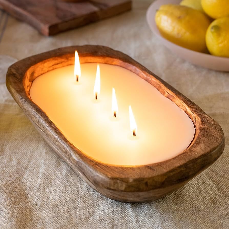 Wooden Dough Bowl Candle 10 Inch, Soy Candle, Farmhouse Candles for Table, Wood Boat 4 Wick, Déc... | Amazon (US)
