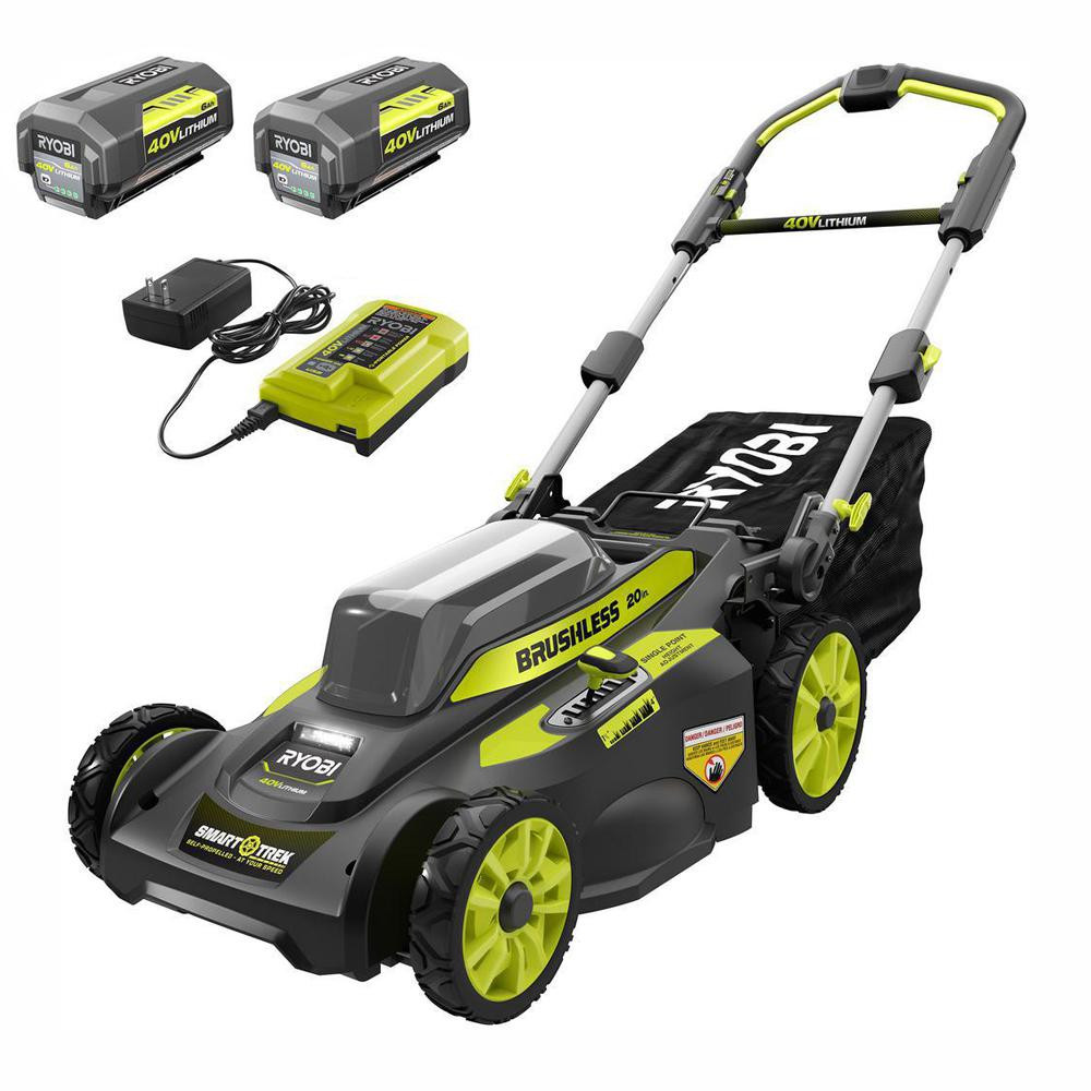 RYOBI 20 in. 40-Volt Brushless Lithium-Ion Cordless Smart TREK Self-Propelled Walk Behind Mower Two  | The Home Depot