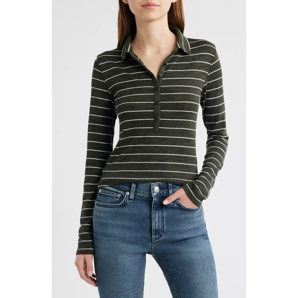 rag & bone The Knit Stripe Long Sleeve Polo in Army Green Ivory at Nordstrom Rack, Size Small | Nordstrom Rack