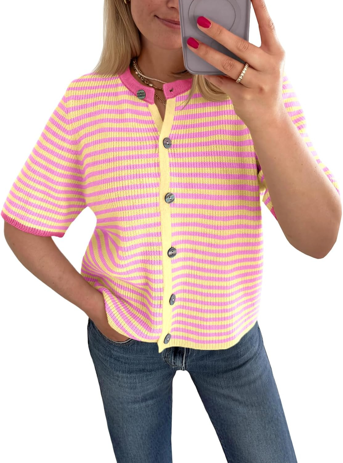 Saodimallsu Womens Short Sleeve Cardigans Striped Button Down Sweater Tops | Amazon (US)
