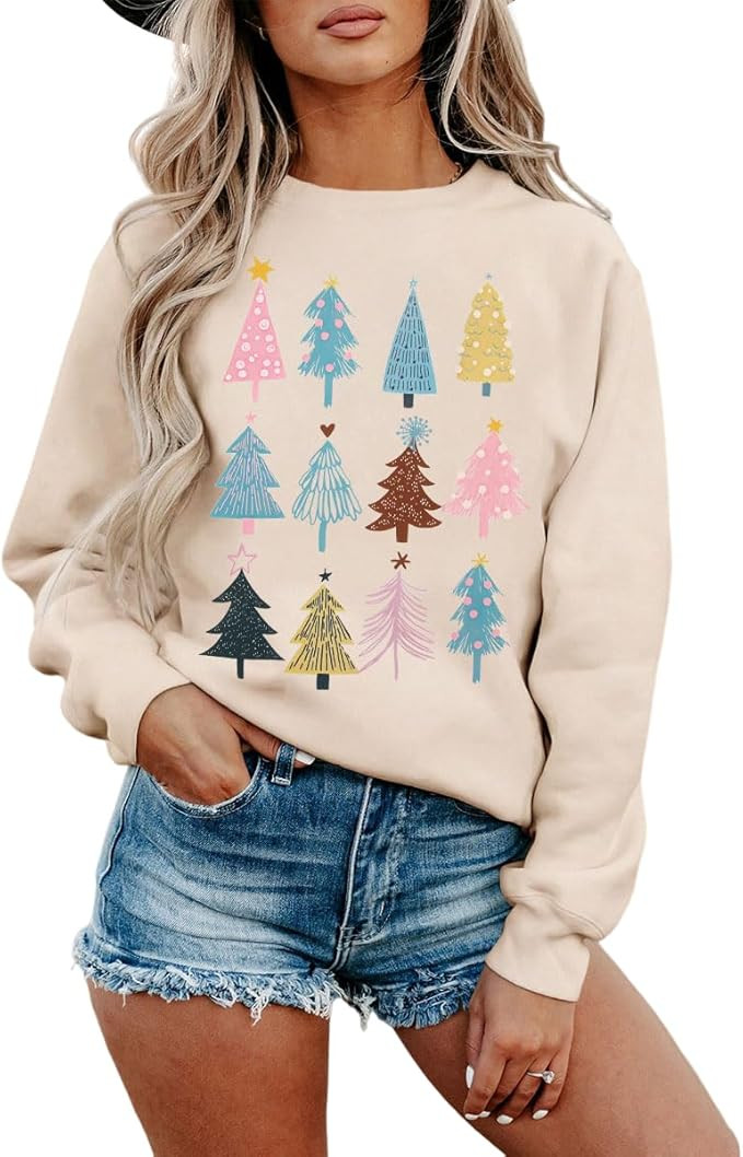 BOUTIKOME Christmas Tree Sweatshirt for Women Funny Xmas Tree Graphic Long Sleeve Crewneck Pullov... | Amazon (US)