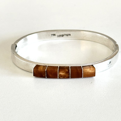Vintage 925 Sterling Silver Mexico Tiger's Eye Hinged Bangle Bracelet 6.75" | eBay US