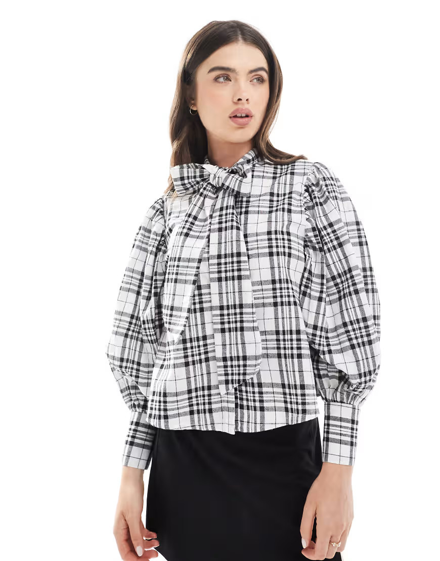 Wednesday's Girl check pussybow blouse in beige-Neutral | ASOS (Global)