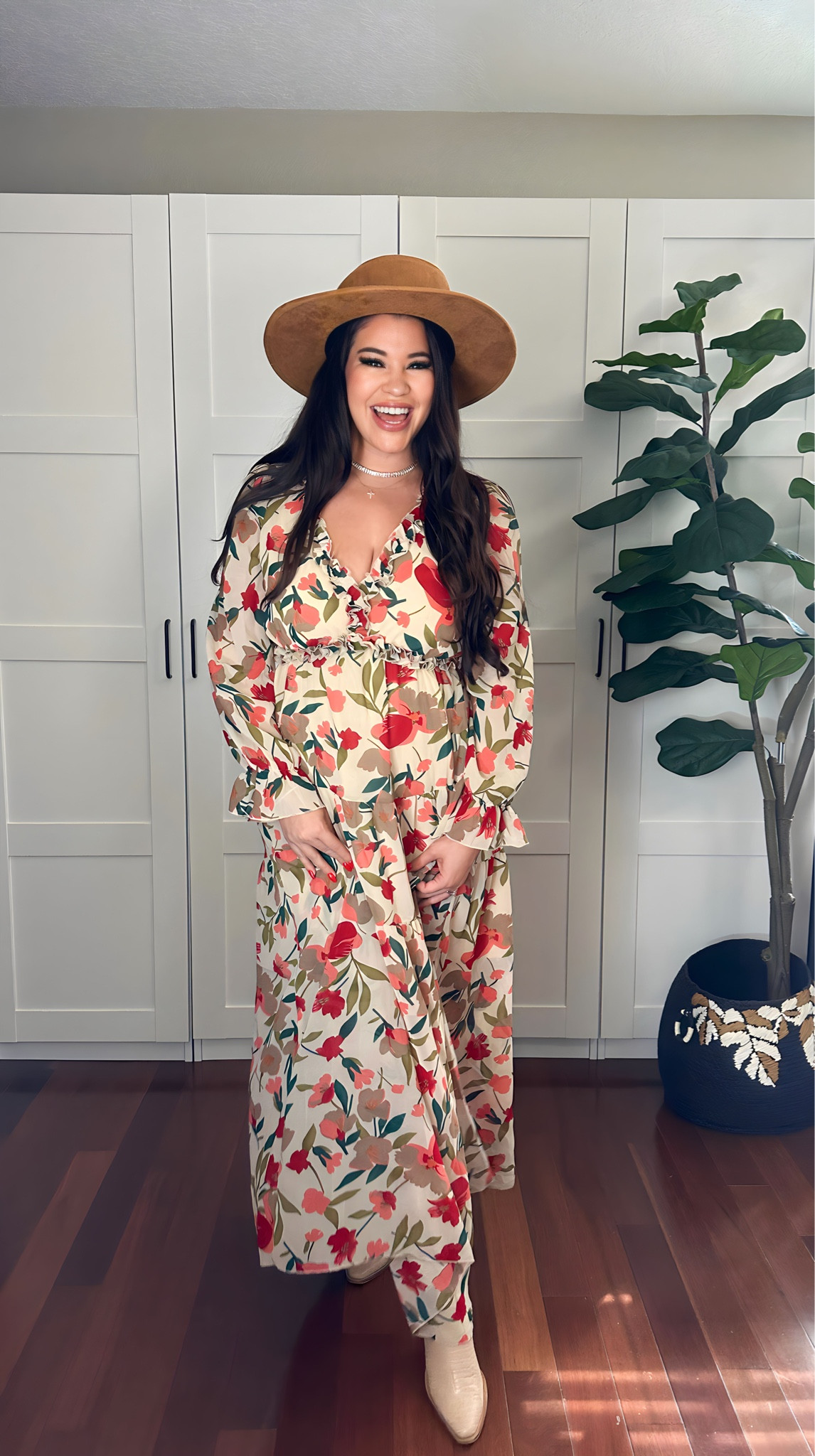 Amazon Fall Dress perfect for family photos 

Wearing a medium in the dress
Boots and Hat ( Old ) will link similar one 
All accessories from Amazon 

Casual Floral | Deep V Neck | Long Sleeve|Evening Dress| Cocktail Party| Maxi Dress | Wedding Dresses | Fall Outfit | Family Fall Photos | Amazon Dress | Amazon Fall Outfit 

#LTKwedding #LTKfindsunder50 #LTKSeasonal