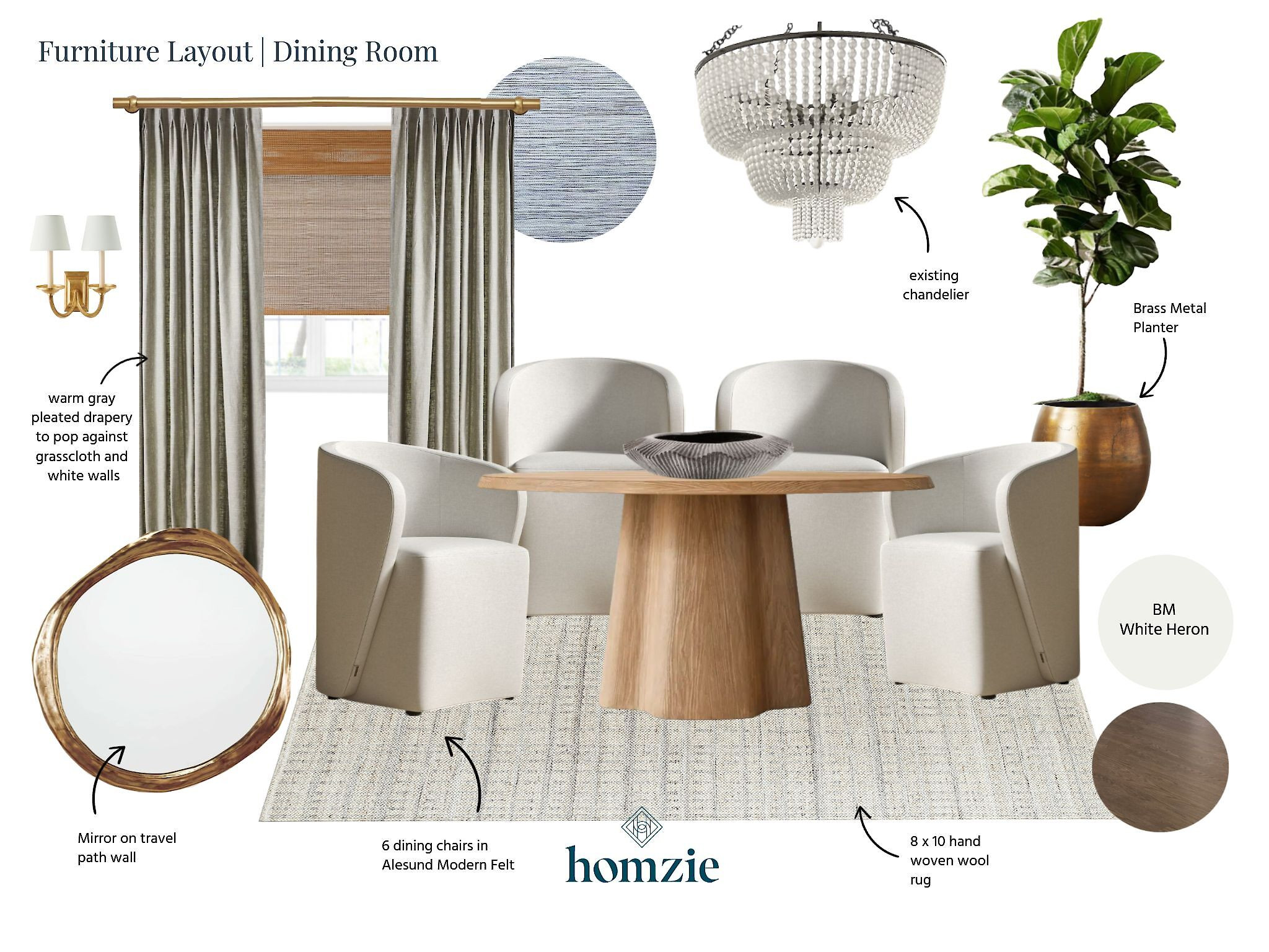 This is a dining room with a cozy-meets-glam aesthetic in neutral tones. It features:  Felt Dining Chairs, Round Wood Table, Brass Planter, Beaded Chandelier, Pleated Drapes, Wool Rug. 

 #LTKHome #LTKSaleAlert #LTKStyleTip