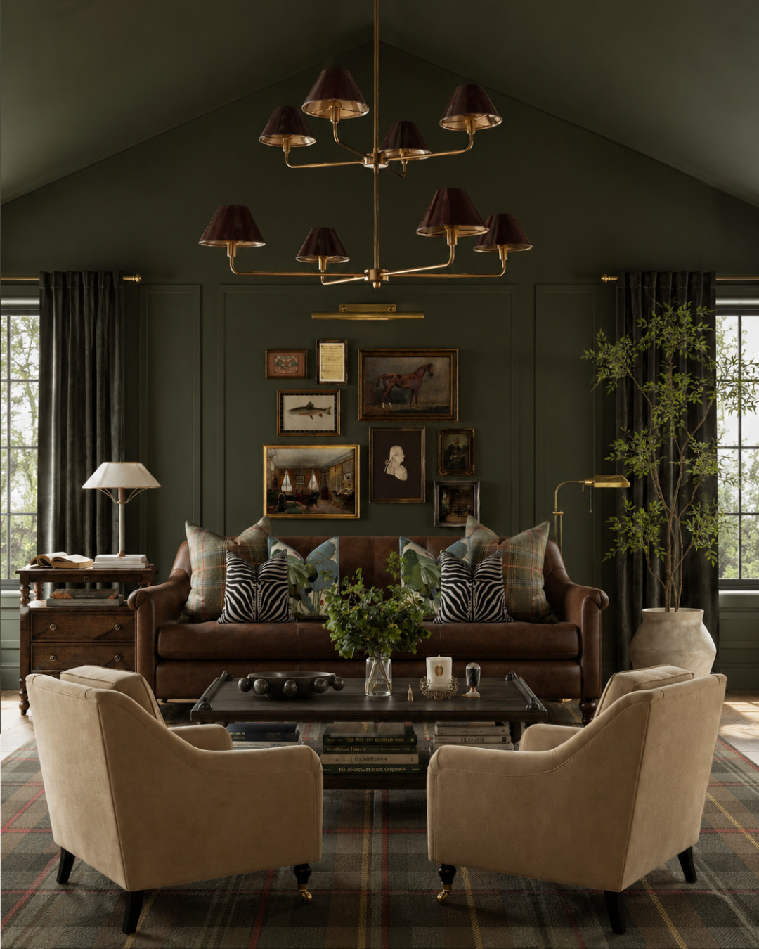 This room is proof that equestrian style doesn't have to feel themed. Deep olive walls, leather seating, tailored plaids, layered artwork, and warm brass accents create a space that feels refined, timeless, and incredibly inviting. I've linked the key pieces that bring this look together.

Disclosure: I may earn a small commission from purchases made through my links, at no additional cost to you. 

 #LTKHome