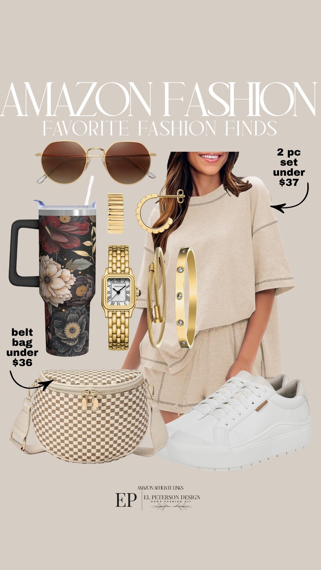 Amazon
2 pc outfit
Sunglasses
Tumbler
Belt bag
Sneakers
Watch
