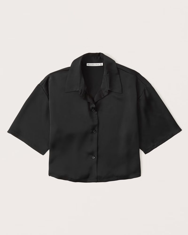 Women's 90s Cropped Boxy Satin Button-Up Shirt | Women's Clearance | Abercrombie.com | Abercrombie & Fitch (US)