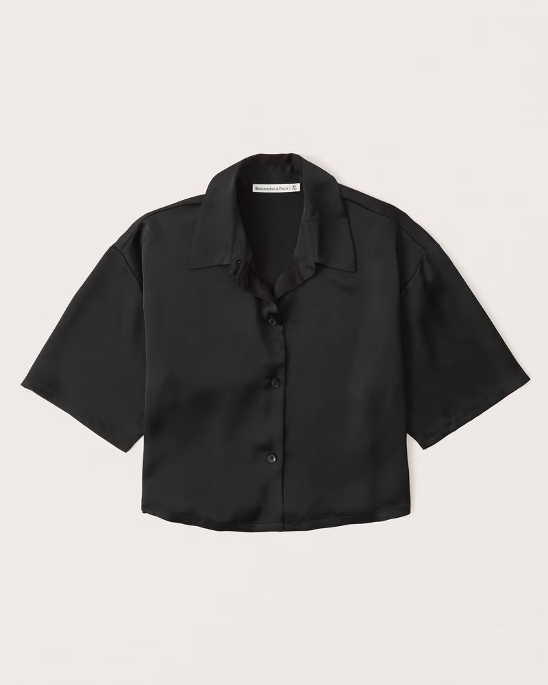 Women's Short-Sleeve Boxy Satin Button-Up Shirt | Women's Tops | Abercrombie.com | Abercrombie & Fitch (US)