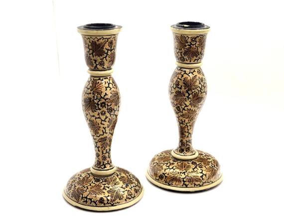Lacquered Hand Painted Golden Leaves Wooden Pair Candlesticks | Etsy | Etsy (UK)