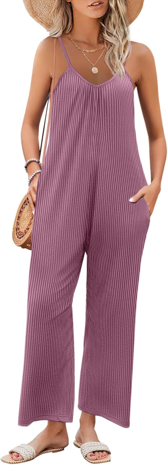 Ekouaer Jumpsuits for Women Loose Sleeveless Casual Adjustable Spaghetti Strap Romper Stretchy Lo... | Amazon (US)