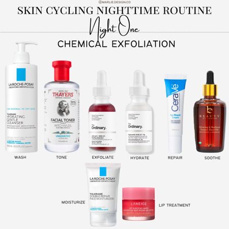 Skin Cycling Routine Night One | chemical exfoliation night | exfoliated | face wash | toner | aha bha | eye cream | skin oil | moisturizer | lip treatment 

#LTKunder50 #LTKbeauty #LTKunder100
