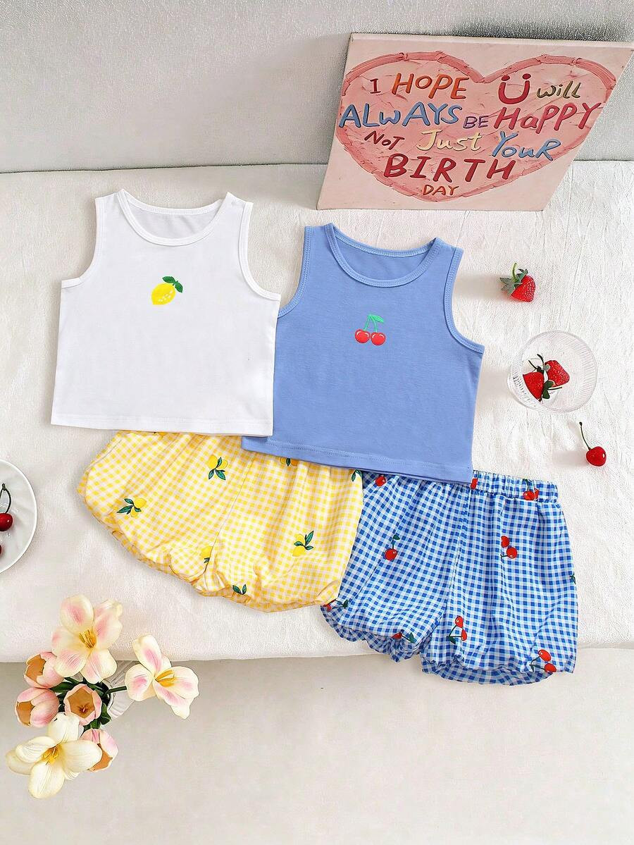 SHEIN Genkimix Kids 4pcs/Set Young Girl Sweet Cherry & Lemon Print Camisole,Plaid Ruffle Hem Shor... | SHEIN