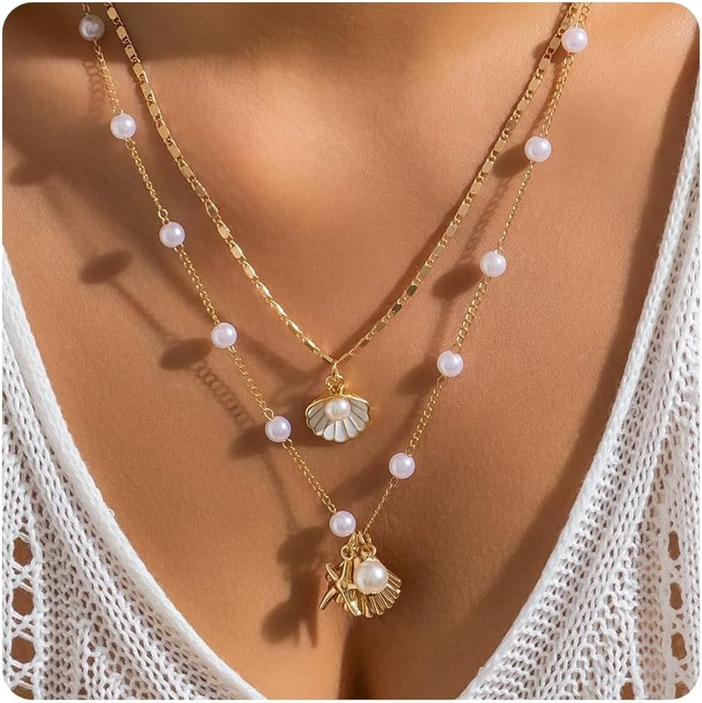 Starfish Necklace for Women Gold Seashell Starfish Pendant Necklace Layered Pearl Star Fish Choke... | Amazon (US)