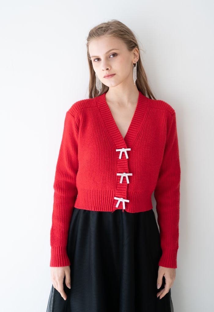 Bowknot Brooch Button Up Crop Knit Cardigan in Red | Chicwish