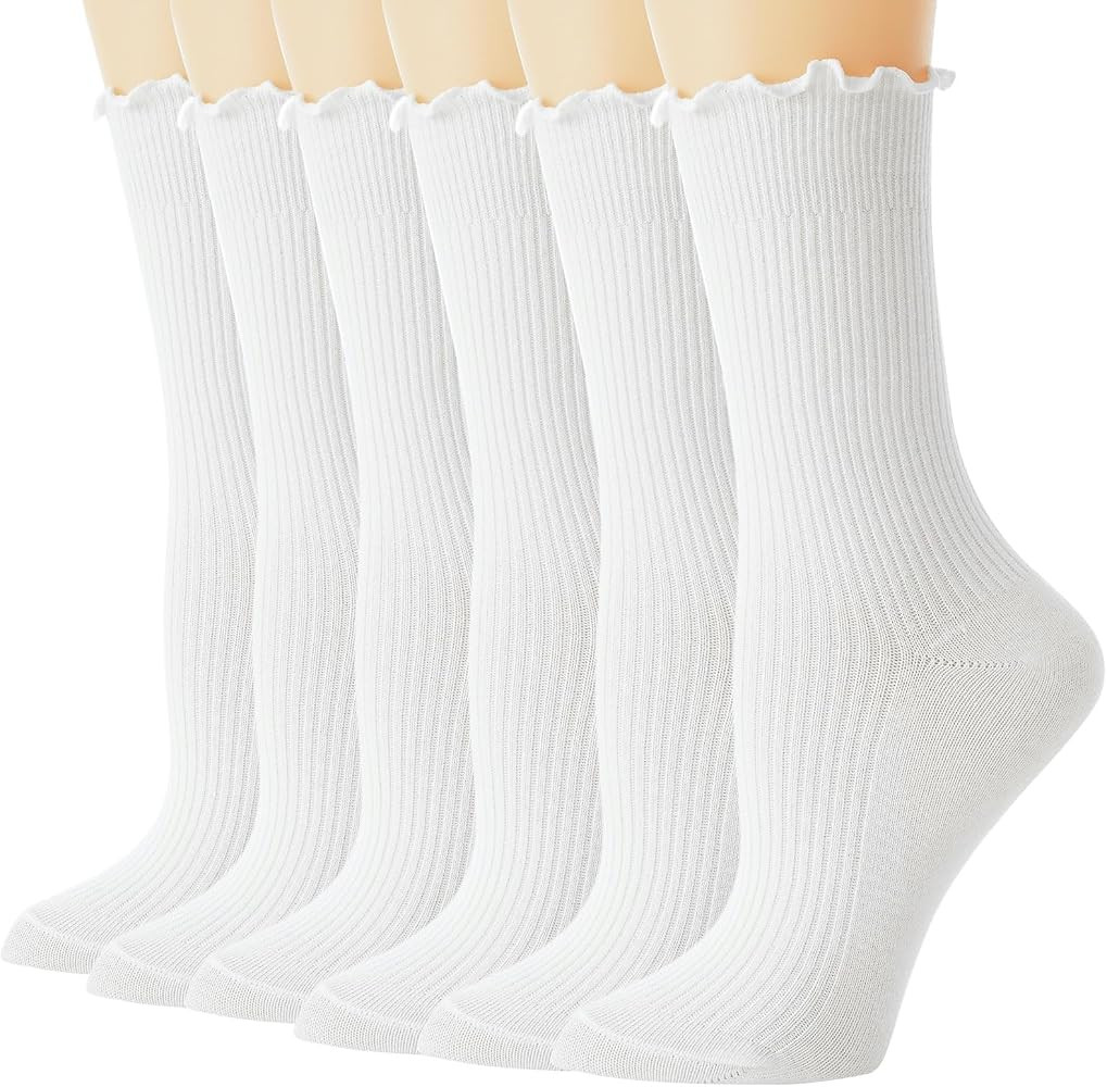 Womens Ruffle Socks, 6 Pairs Turn-Cuff Crew Socks, Cotton Frilly Ankle Socks, White Lettuce Edge ... | Amazon (US)